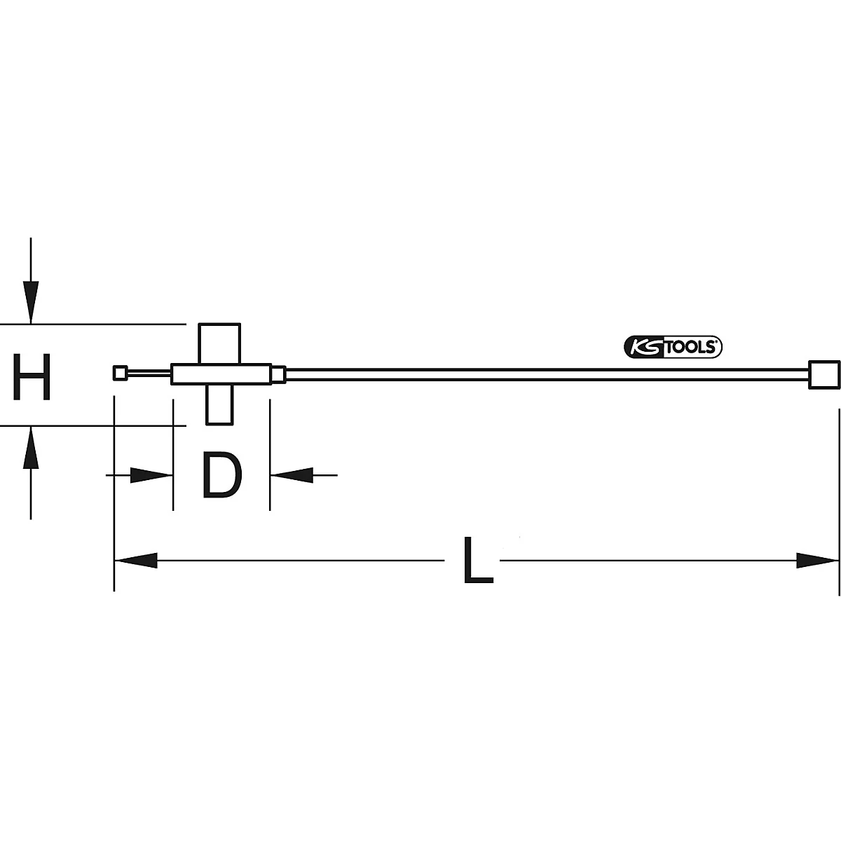 Technische Zeichnung: Massangaben eines Werkzeugs mit „H“, „D“ und „L“ beschriftet. Logo „KS TOOLS“ rechts.